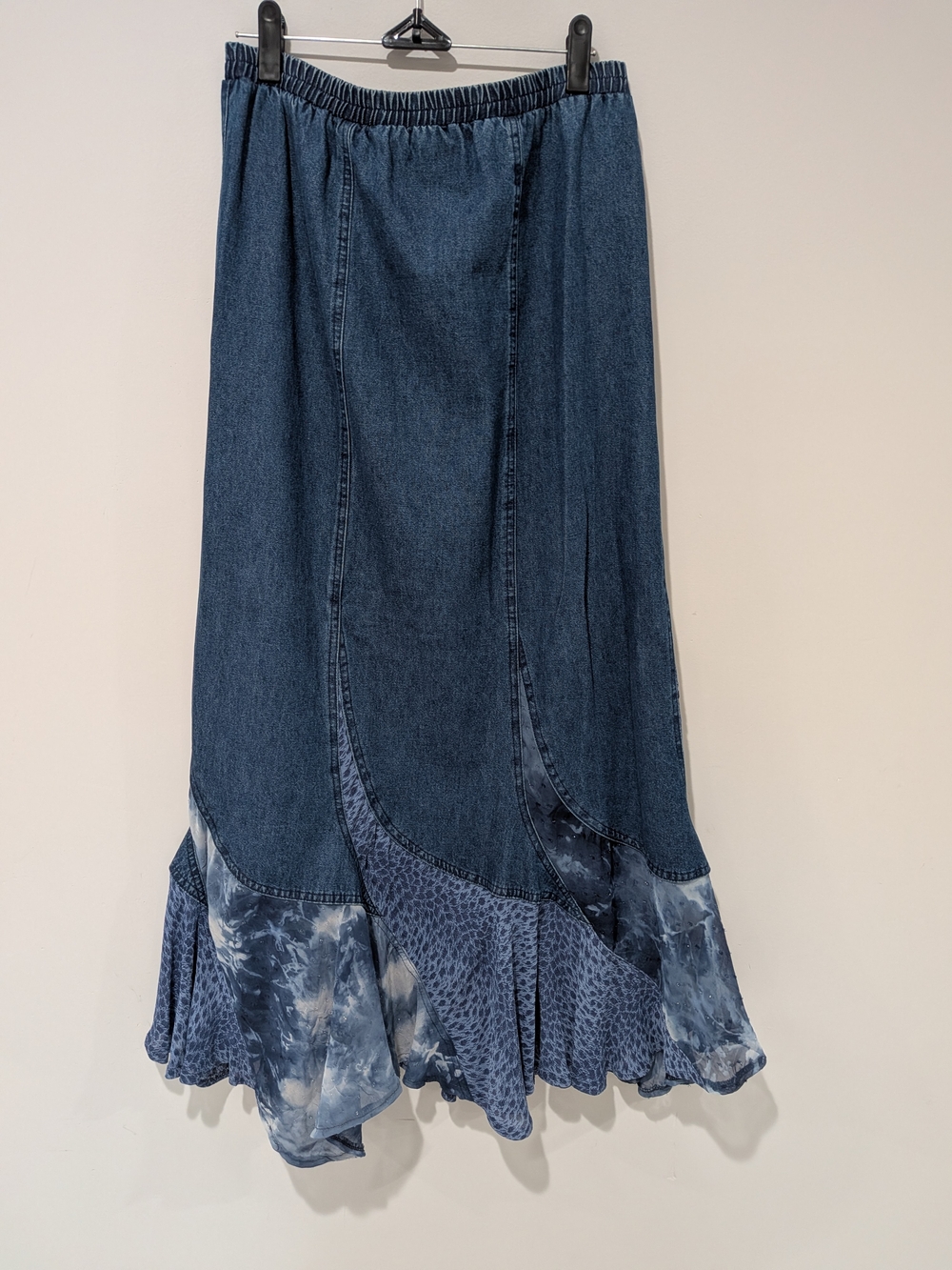 Tammyloulou Mixed Media Denim Maxi Skirt Boho Lagenlook Ruffle Hem Size M
